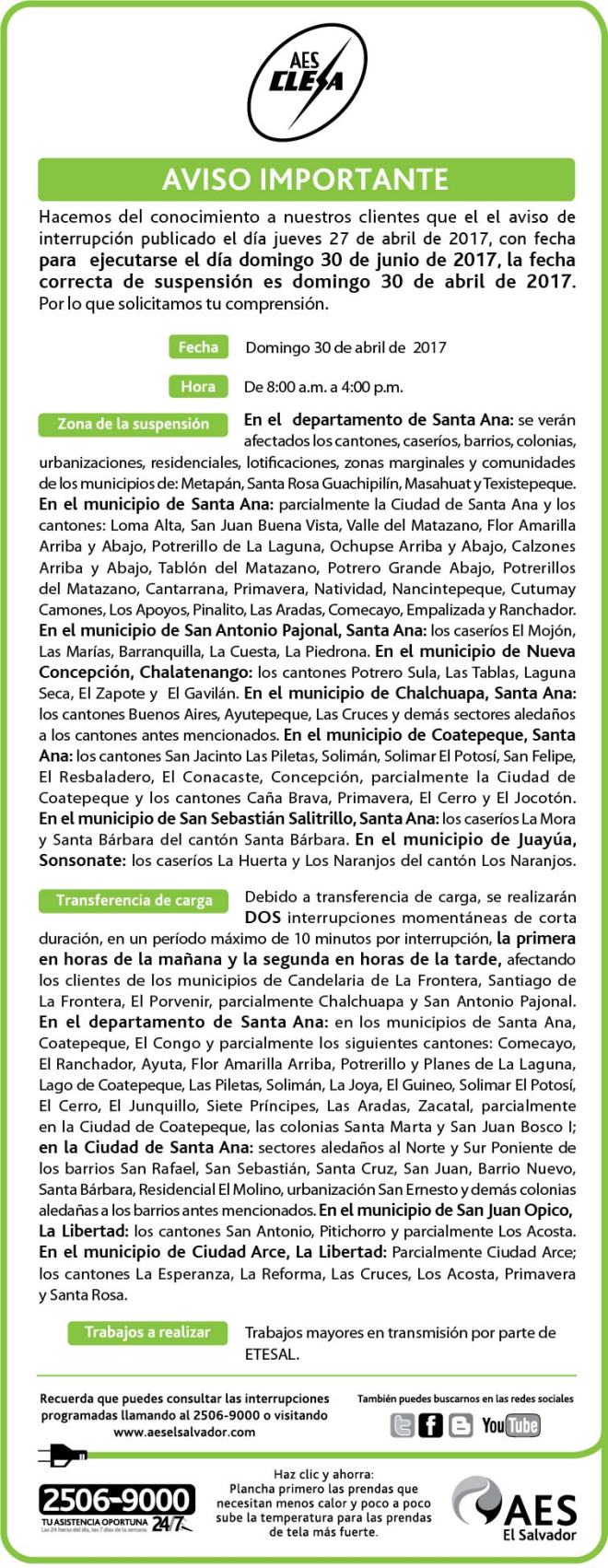 AVISO Importante CLESA 3x13 28-4-17-01