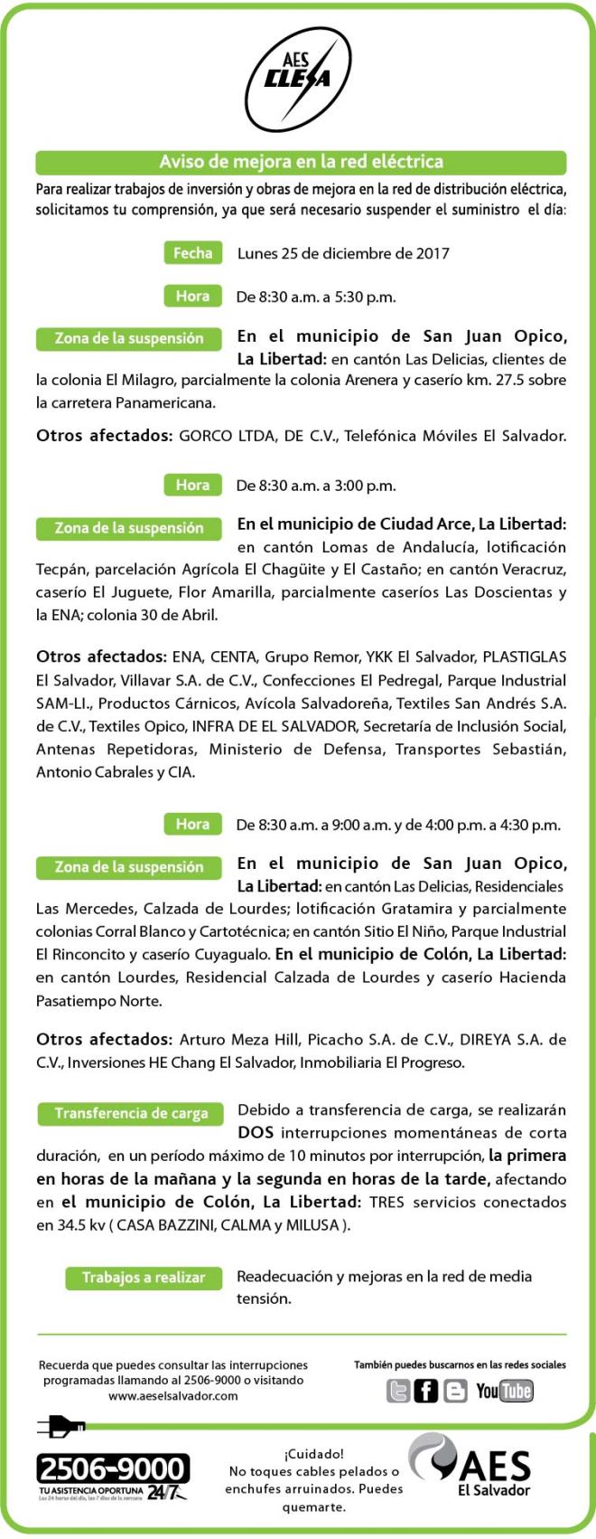 CLESA, lunes 25 de diciembre