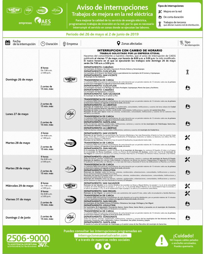 Descargue interrupciones programadas del 26 de mayo al 2 de junio